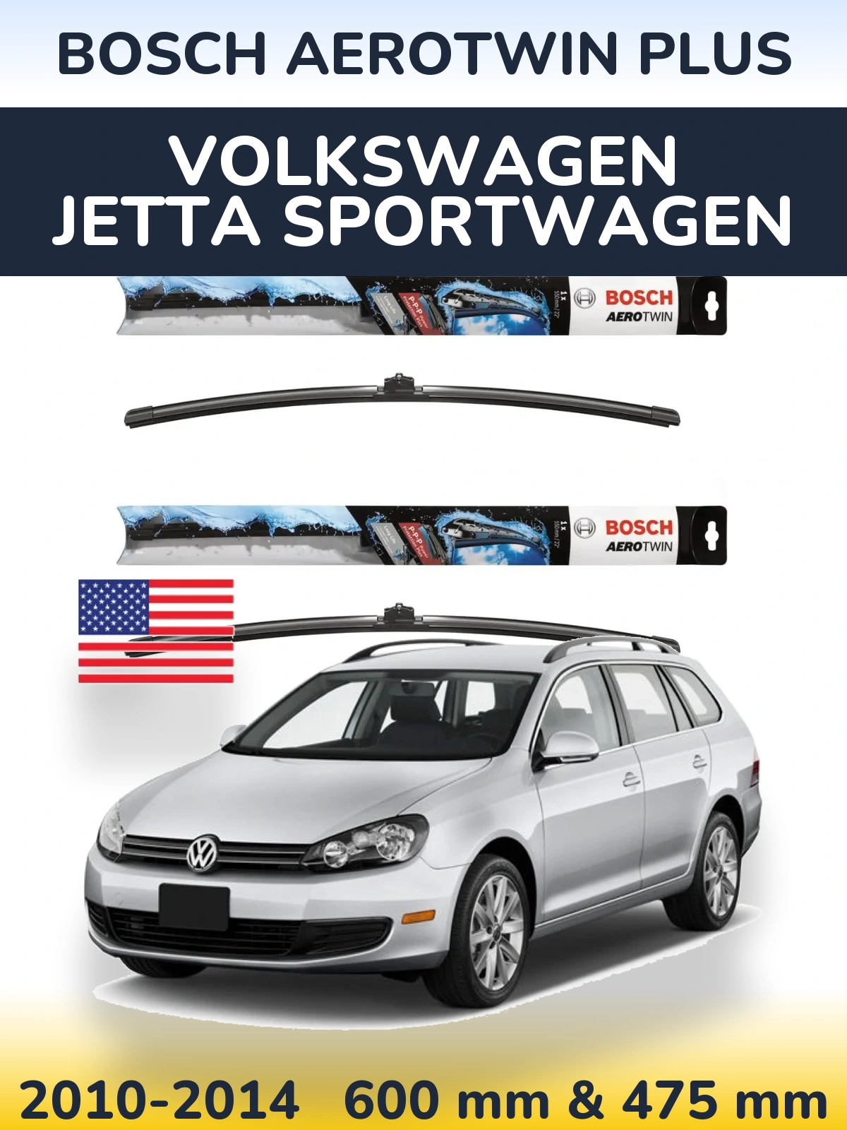 Front wiper blade set BOSCH AeroTwin Plus 600 & 475 mm for Volkswagen Jetta SportWagen 2010-2014