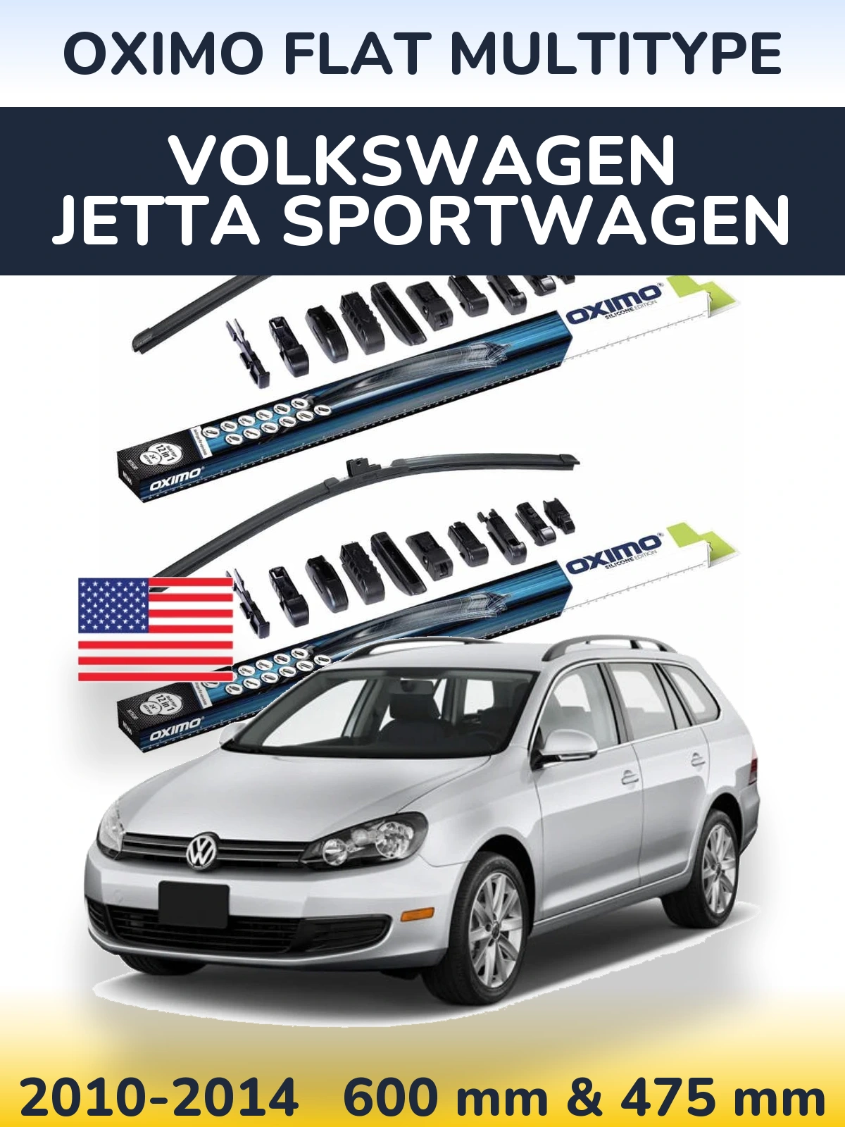 Front wiper blade set Oximo Flat MultiTipoe 600 & 475 mm for Volkswagen Jetta SportWagen 2010-2014