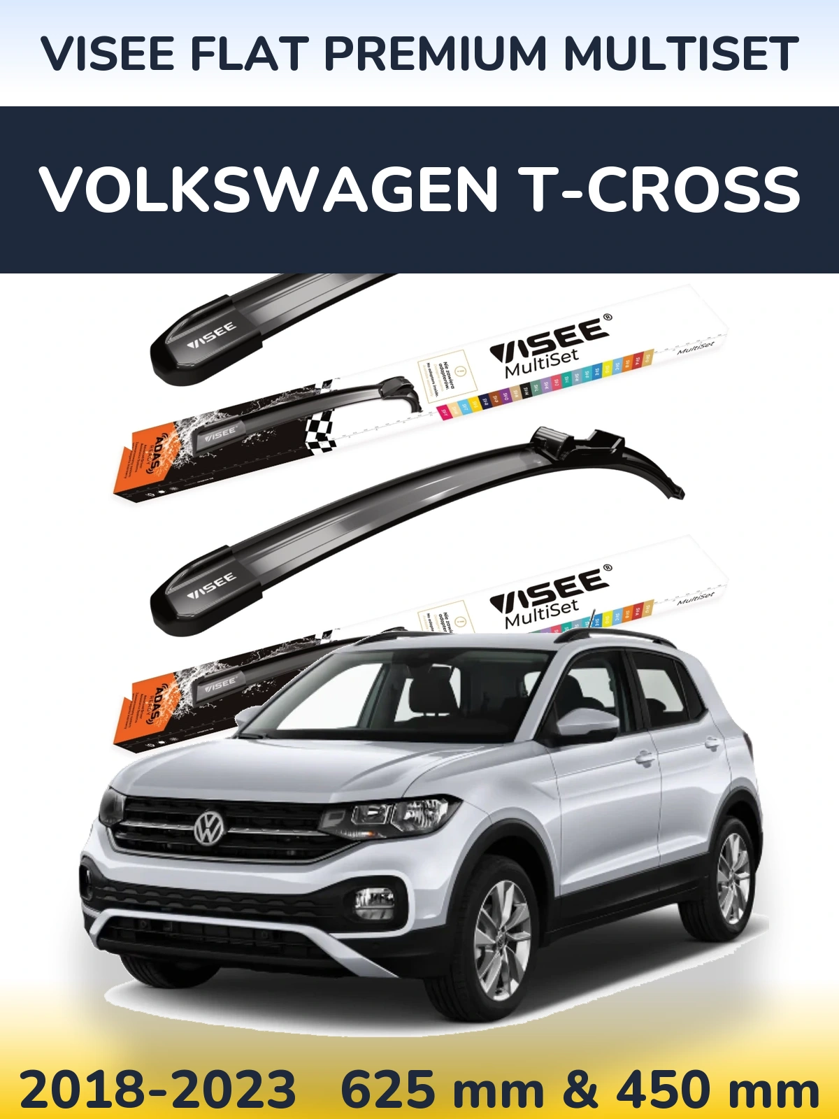 Front wiper blade set VISEE FLAT PREMIUM MultiSet 630 & 450 mm for Volkswagen T-Cross 2018-2023