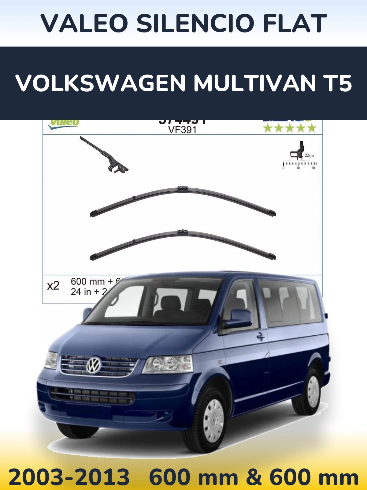 Front wiper blade set Valeo Silencio Flat 600 & 600 mm for Volkswagen Multivan T5 2003-2013