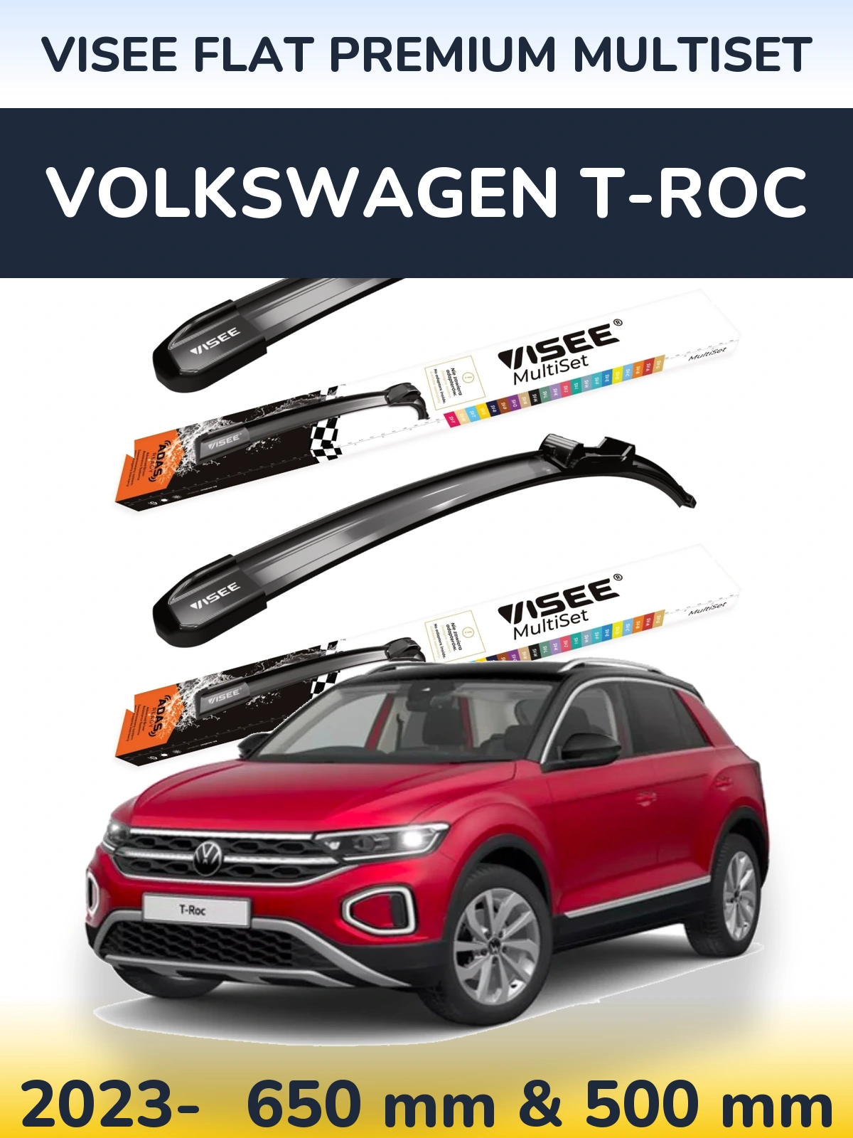 Комплект передних дворников VISEE FLAT PREMIUM MultiSet 650 & 500 мм для Volkswagen T-Roc 2023-2026