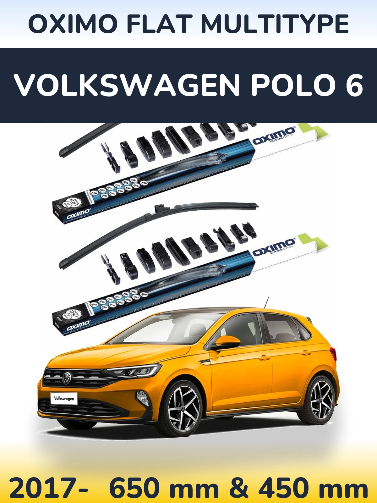 Комплект передних дворников Oximo Flat MultiТипe 650 & 450 мм для Volkswagen Polo 6 2017-2026