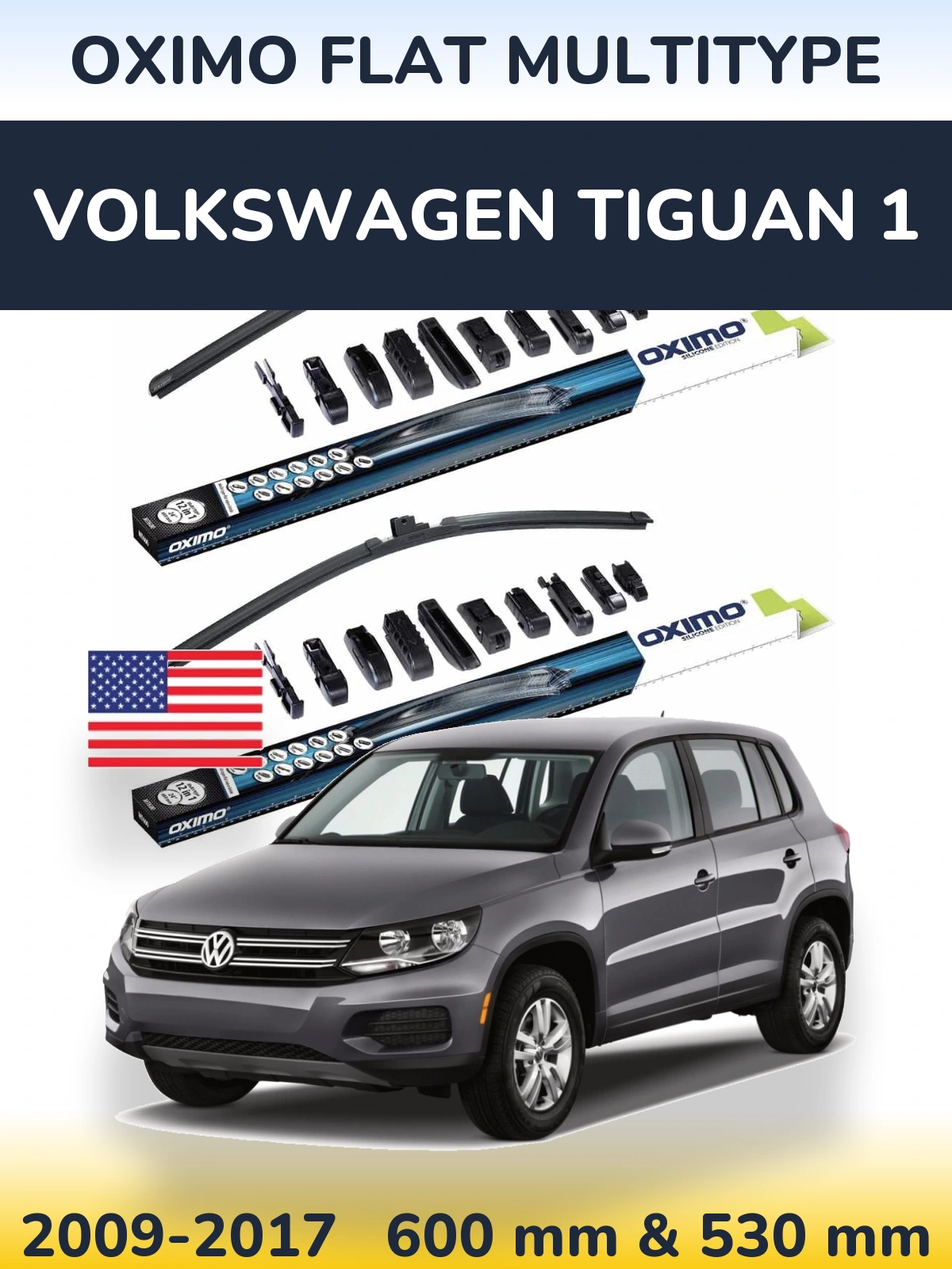 Комплект передних дворников Oximo Flat MultiТипe 600 & 530 мм для Volkswagen Tiguan 1 2009-2017