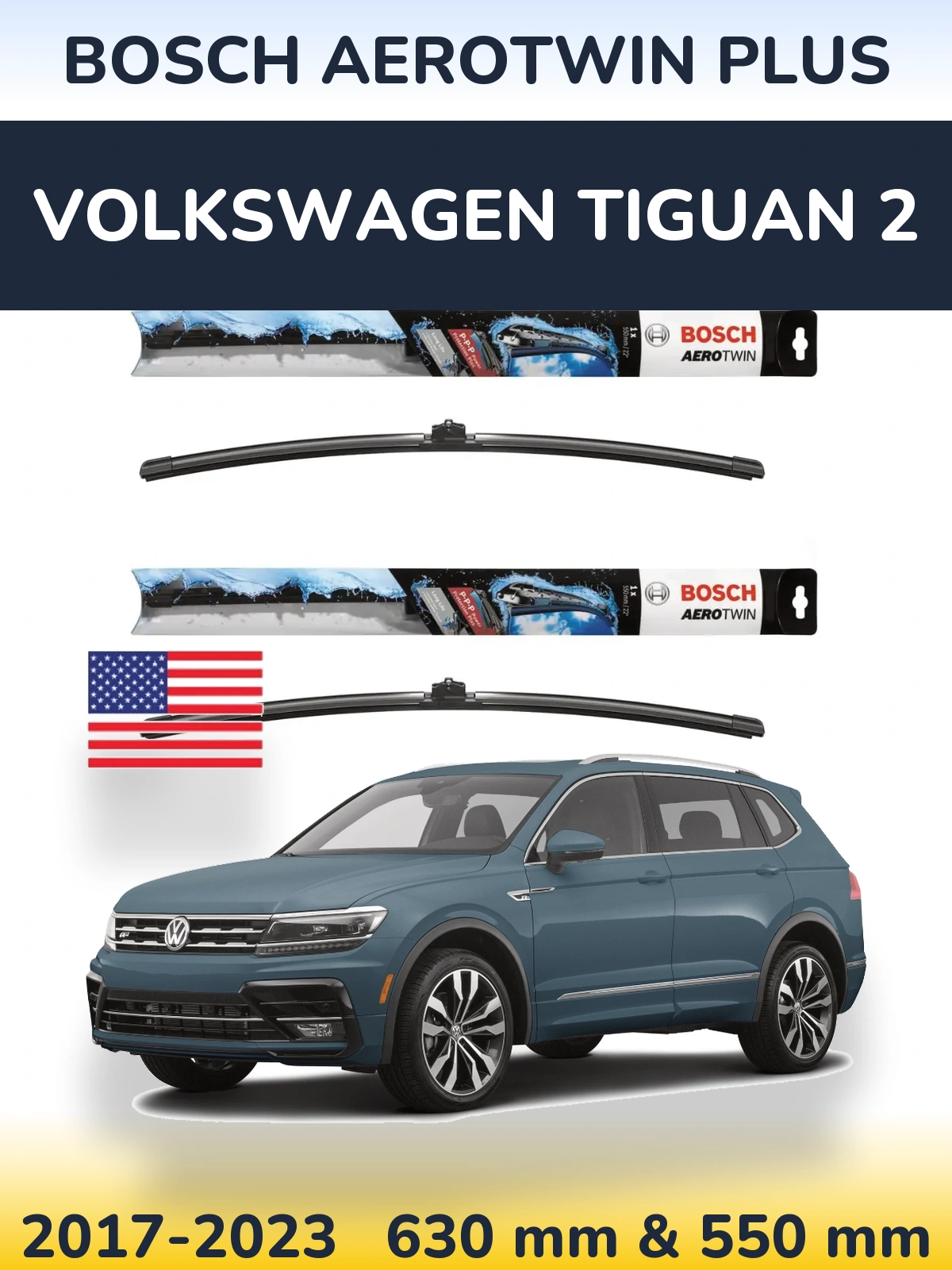 Front wiper blade set BOSCH AeroTwin Plus 600 & 550 mm for Volkswagen Tiguan 2 2017-2023