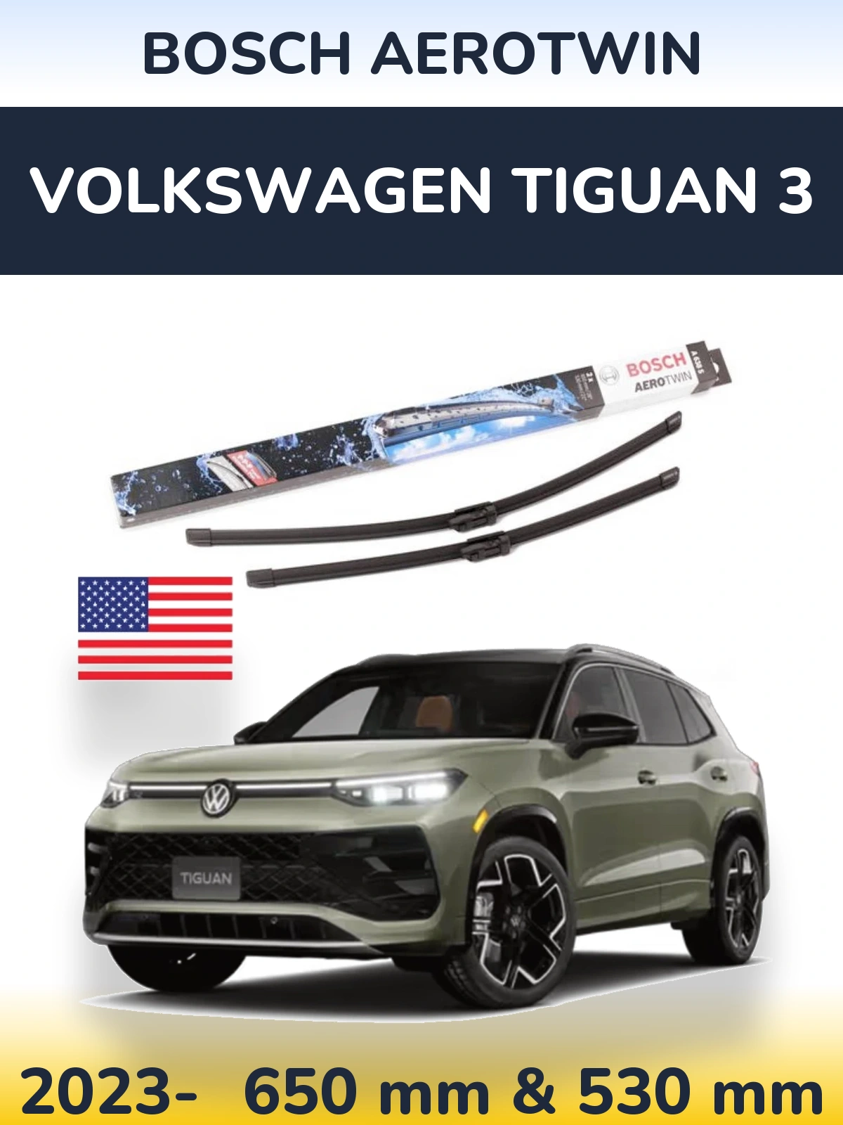 Front wiper blade set BOSCH AeroTwin 650 & 530 mm for Volkswagen Tiguan 3 2023-2026