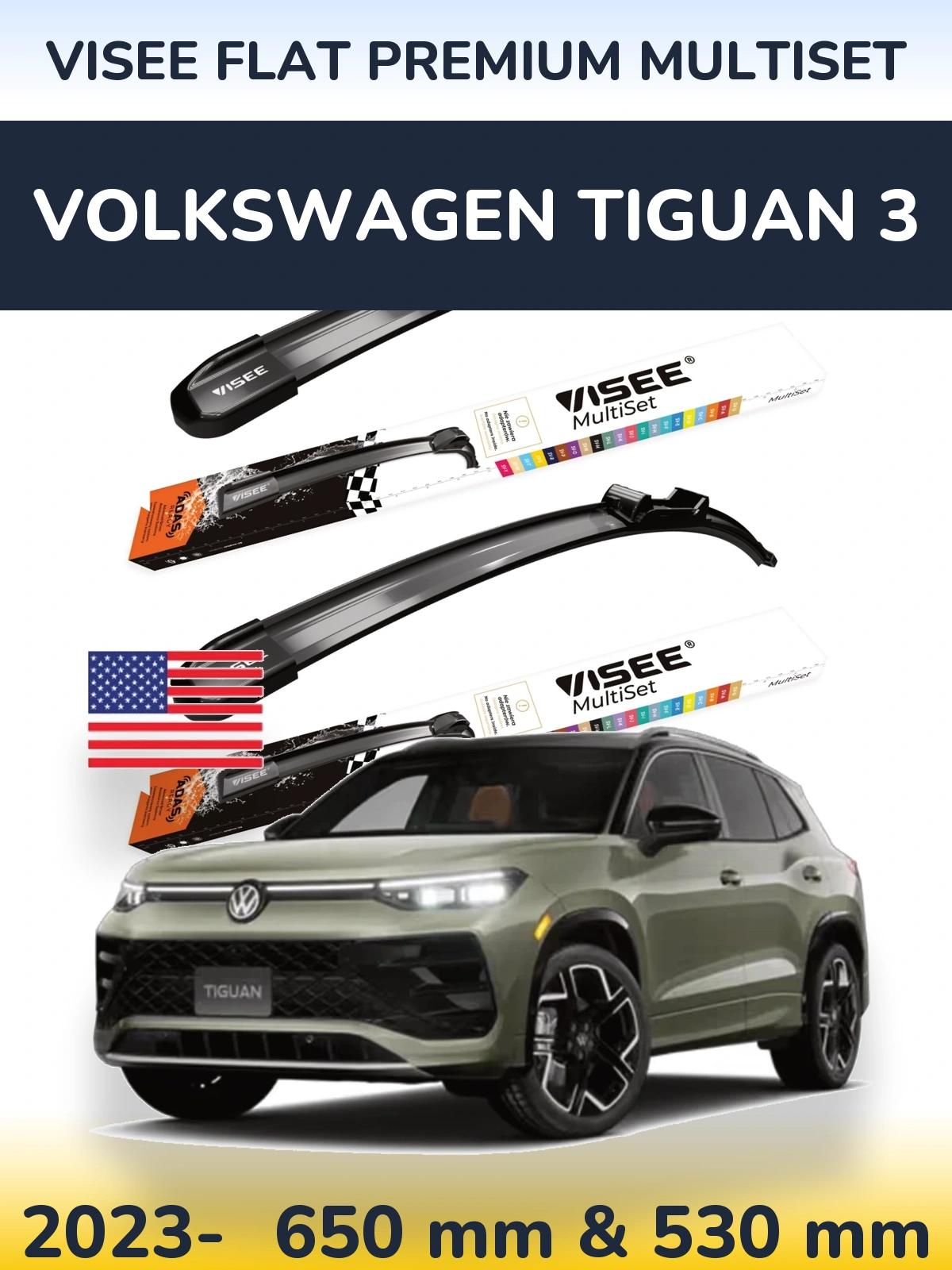 Front wiper blade set VISEE FLAT PREMIUM MultiSet 650 & 530 mm for Volkswagen Tiguan 3 2023-2026