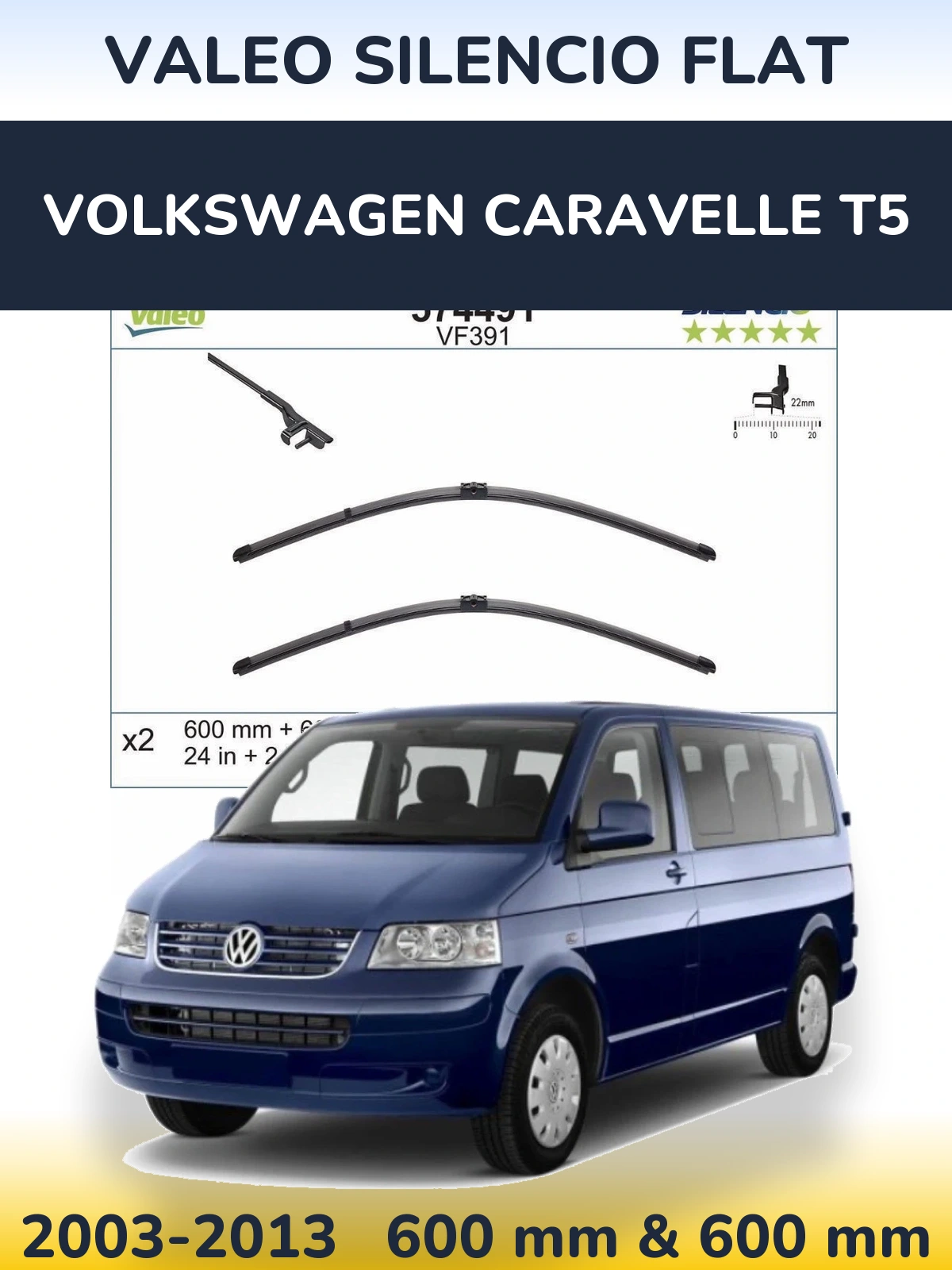 Front wiper blade set Valeo Silencio Flat 600 & 600 mm for Volkswagen Caravelle T5 2003-2013