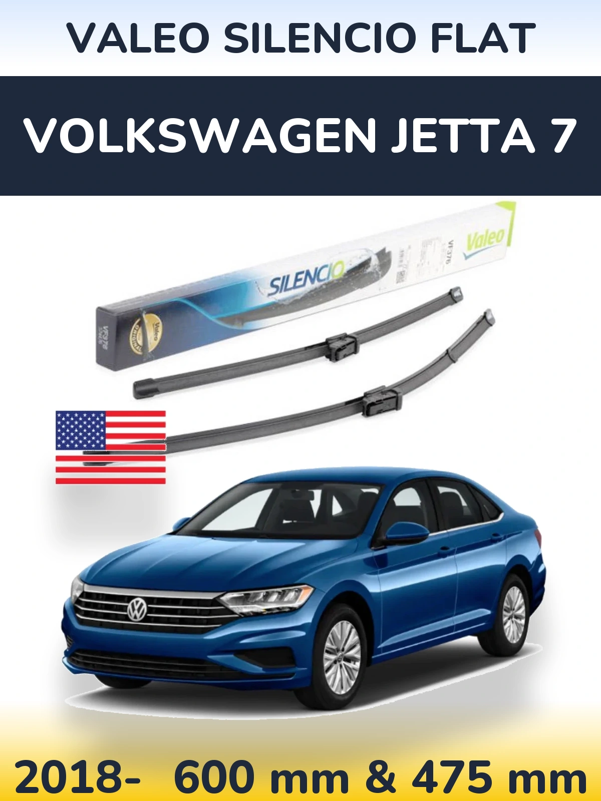 Front wiper blade set Valeo Silencio Flat 600 & 475 mm for Volkswagen Jetta 7 2018-2026