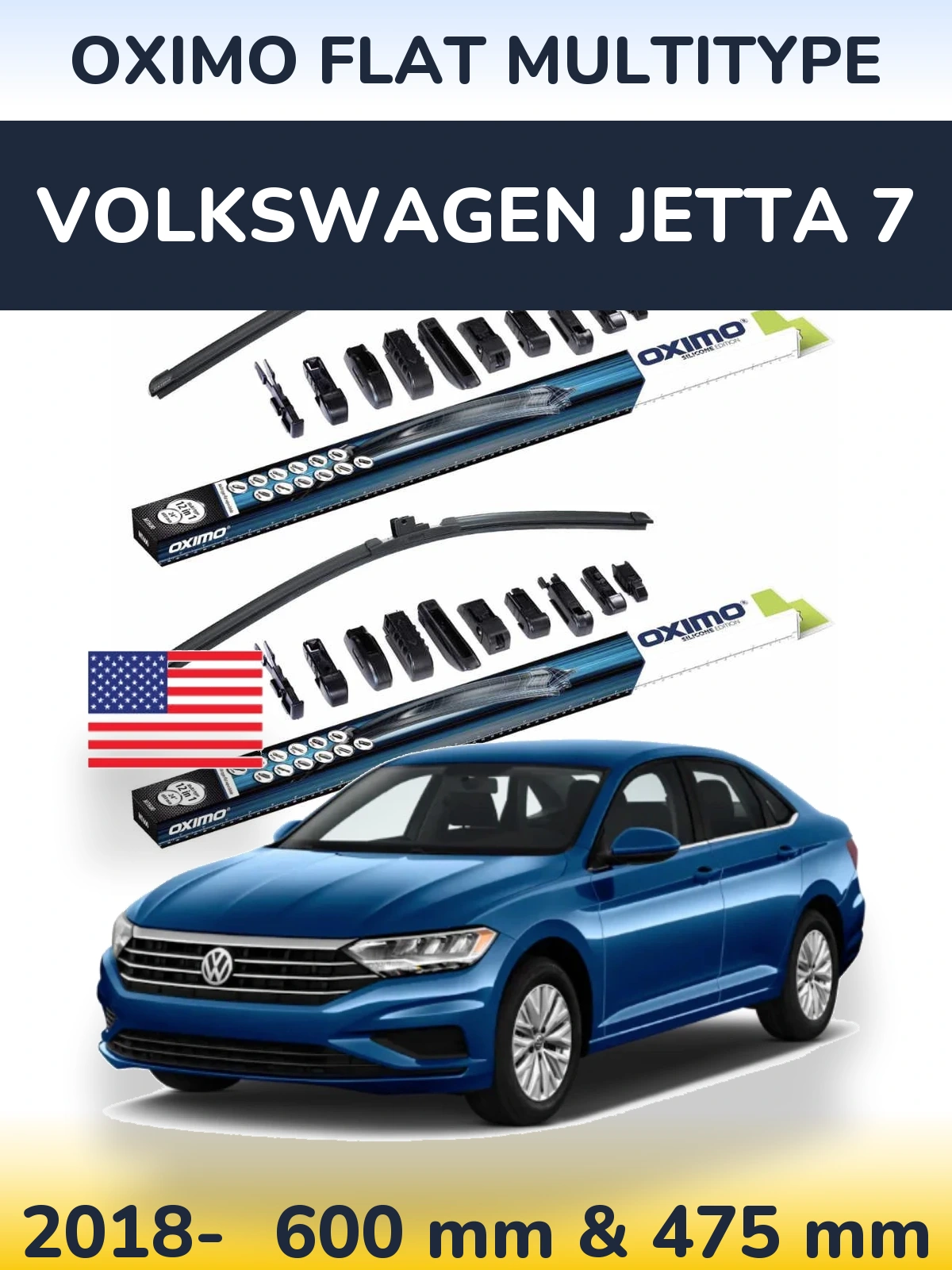Front wiper blade set Oximo Flat MultiTipoe 600 & 475 mm for Volkswagen Jetta 7 2018-2026