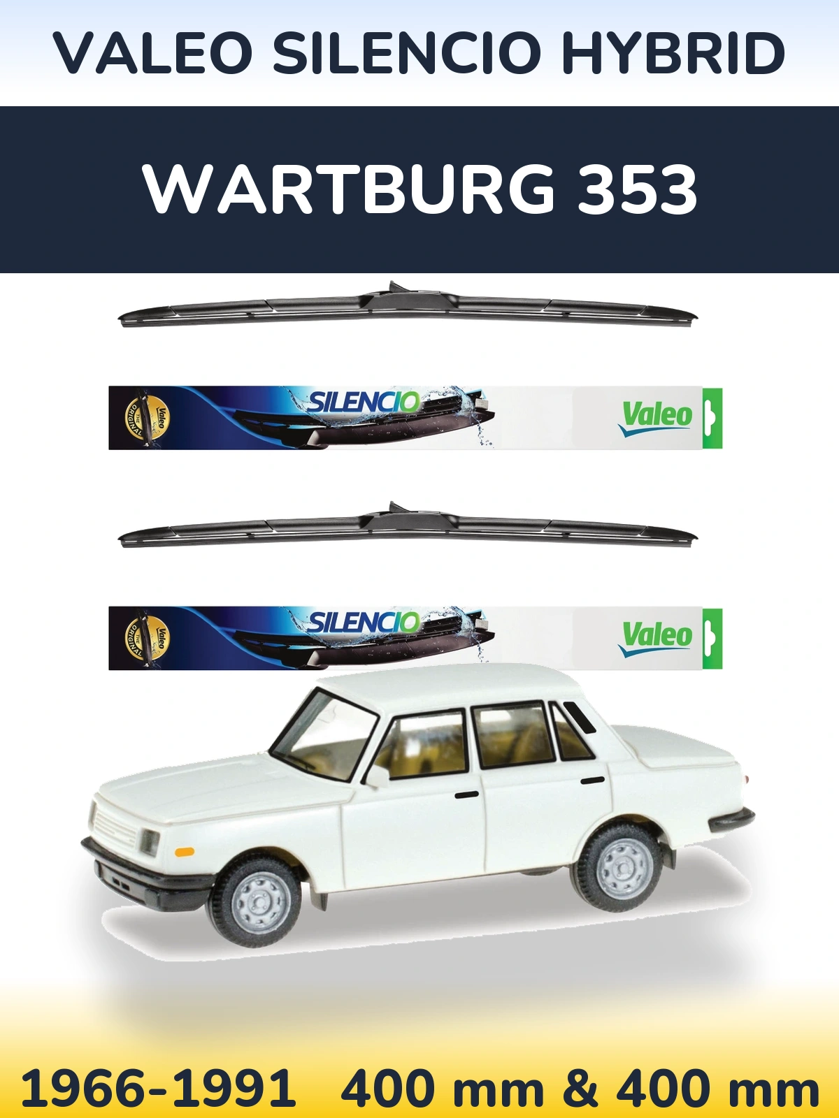 Front wiper blade set Valeo Silencio Hybrid 400 & 400 mm for Wartburg 353 1966-1991