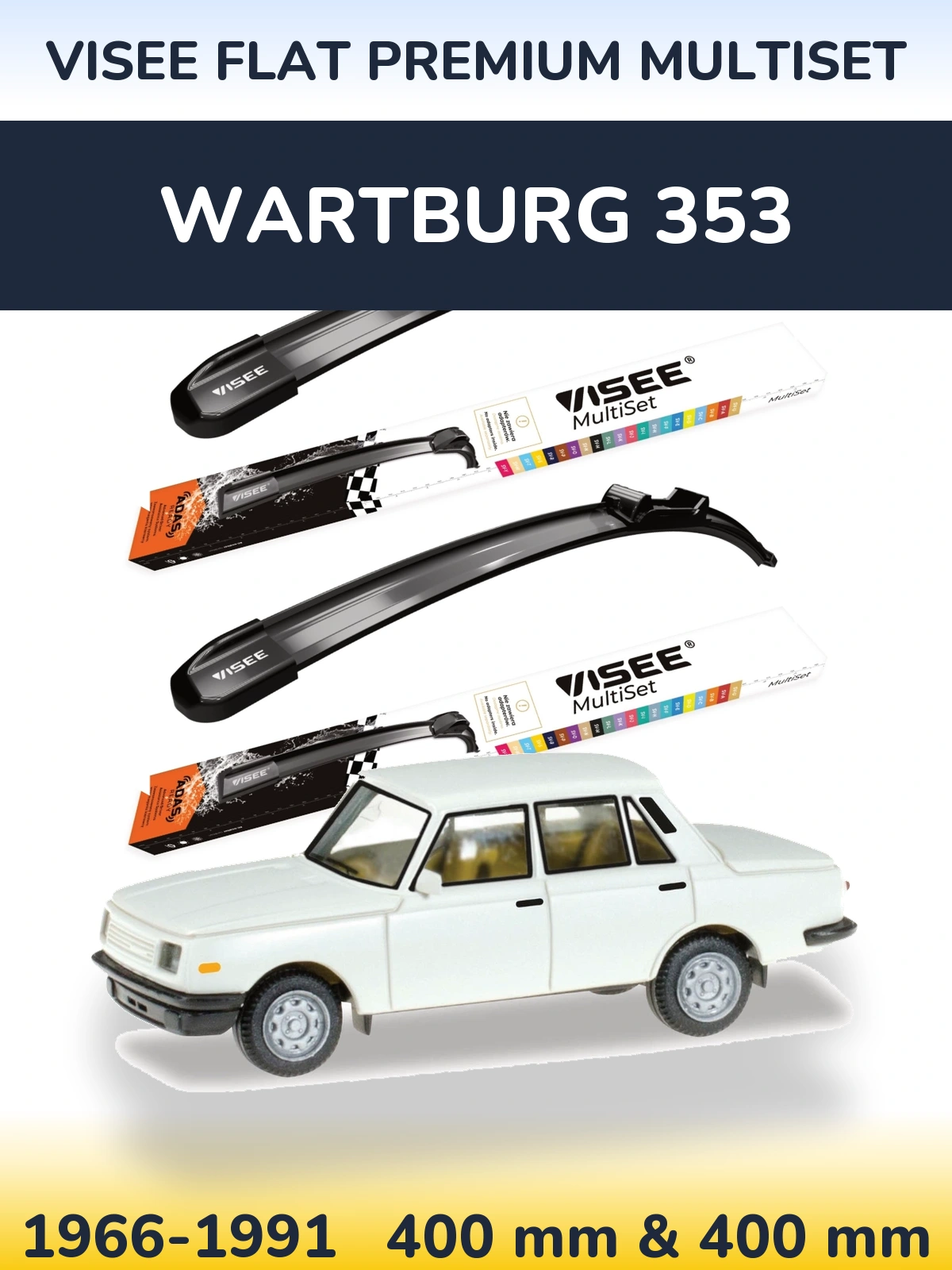 Front wiper blade set VISEE FLAT PREMIUM MultiSet 400 & 400 mm for Wartburg 353 1966-1991