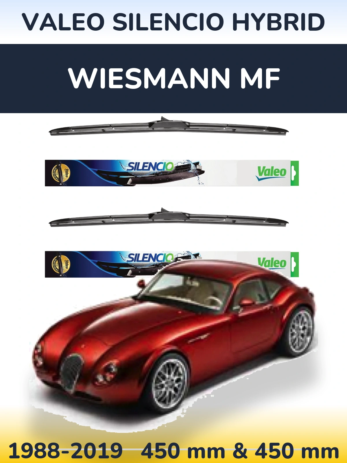 Front wiper blade set Valeo Silencio Hybrid 450 & 450 mm for Wiesmann MF 1988-2019