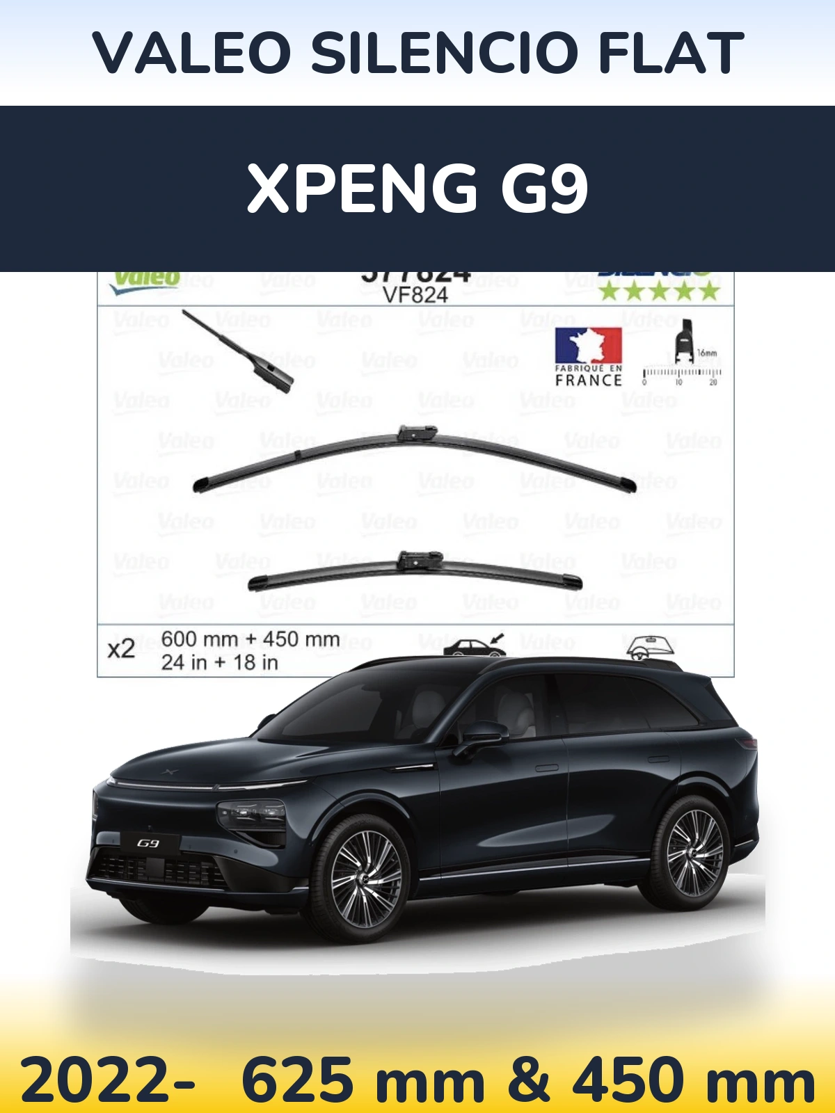 Front wiper blade set Valeo Silencio Flat 600 & 450 mm for XPENG G9 2022-2026