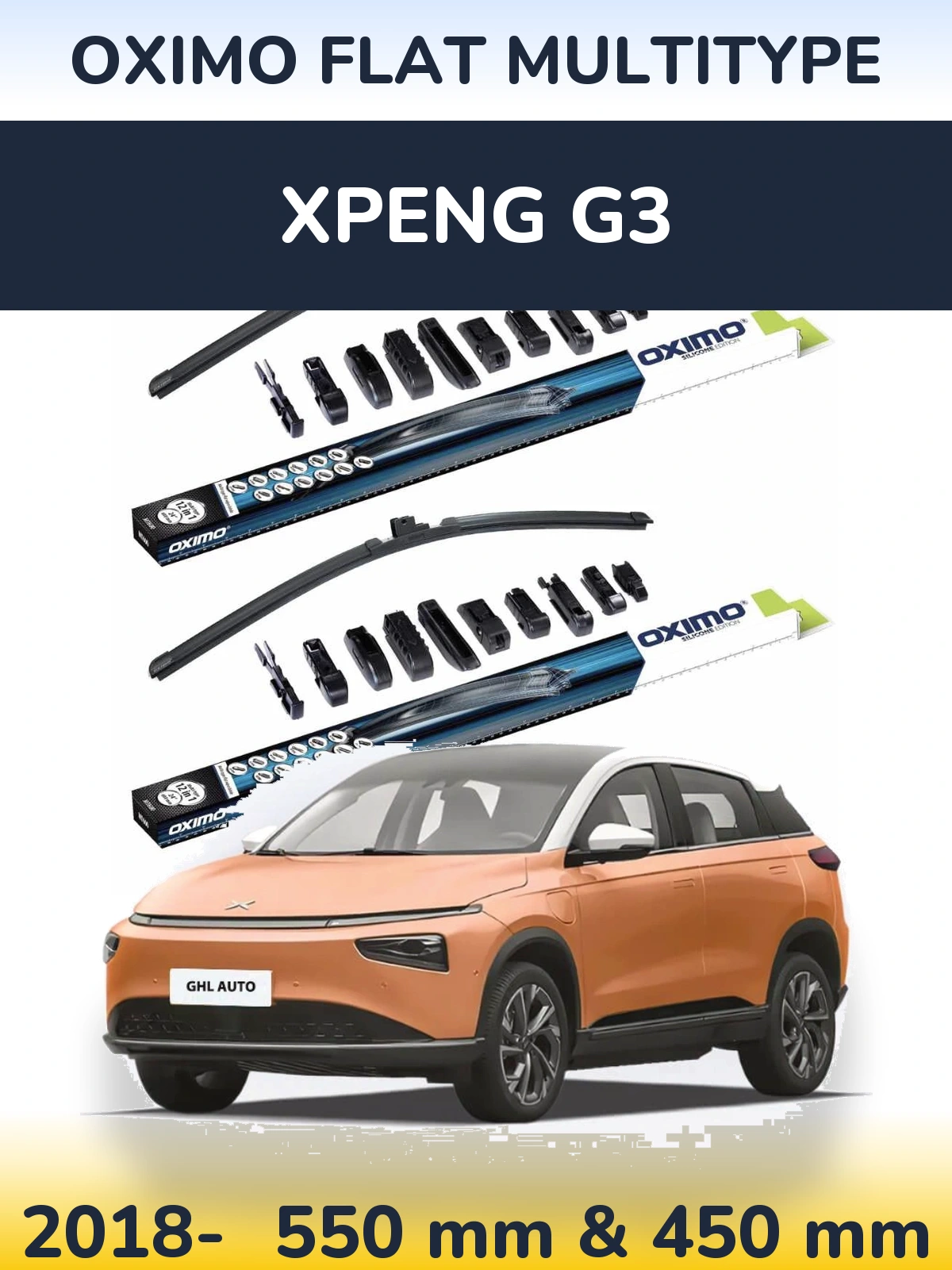 Front wiper blade set Oximo Flat MultiTipoe 550 & 450 mm for XPENG G3 2018-2026