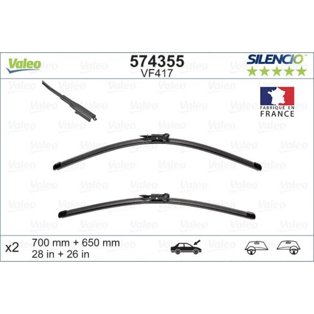 Front wiper blade set Valeo Silencio Flat 700 & 650 mm for Peugeot 307 2002-2005