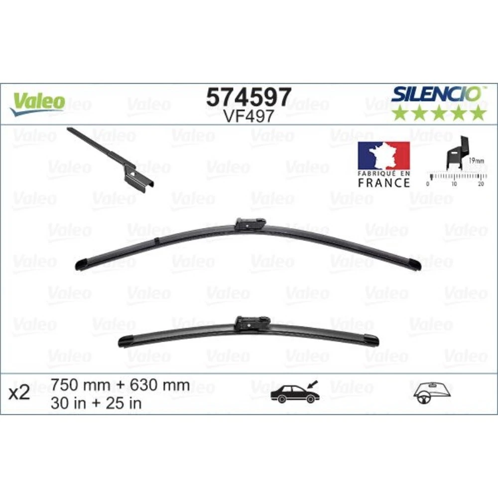 Front wiper blade set Valeo Silencio Flat 750 & 630 mm for Citroen DS5 2011-2019