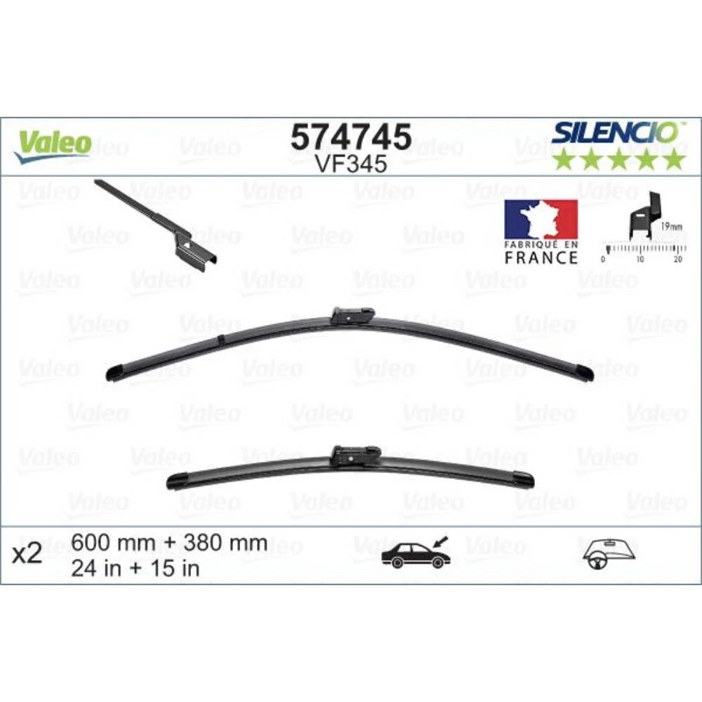 Front wiper blade set Valeo Silencio Flat 600 & 380 mm for Fiat Panda 4 2012-2026