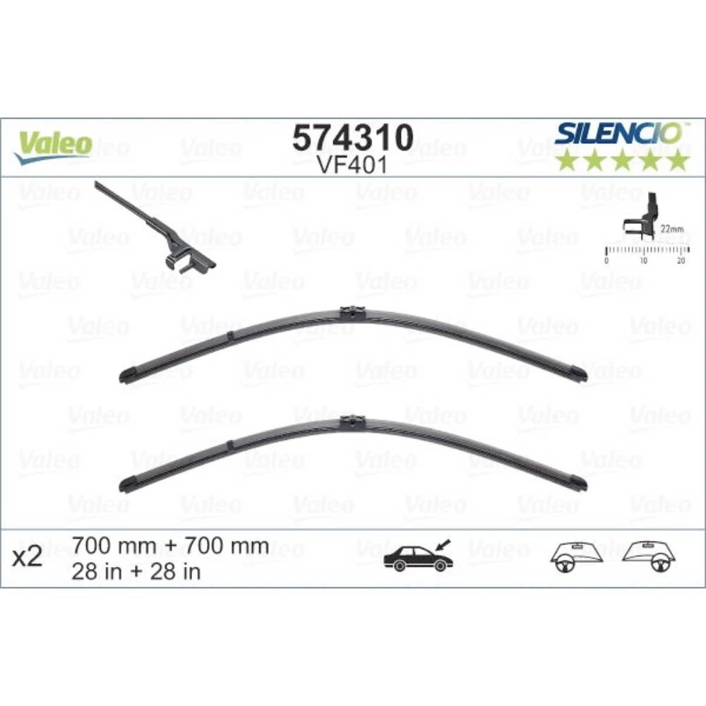 Front wiper blade set Valeo Silencio Flat 700 & 700 mm for Volkswagen Golf Plus 2009-2014