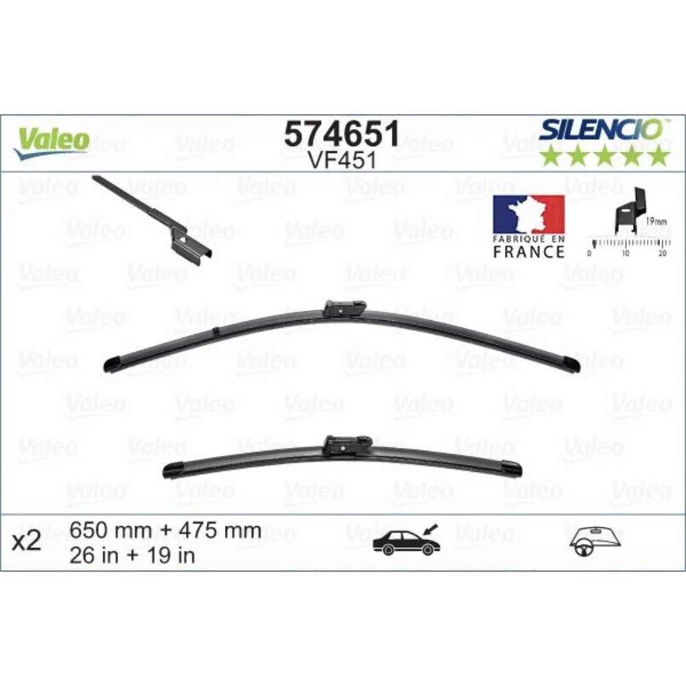 Front wiper blade set Valeo Silencio Flat 650 & 475 mm for BMW 2 Series Active Tourer 2014-2021
